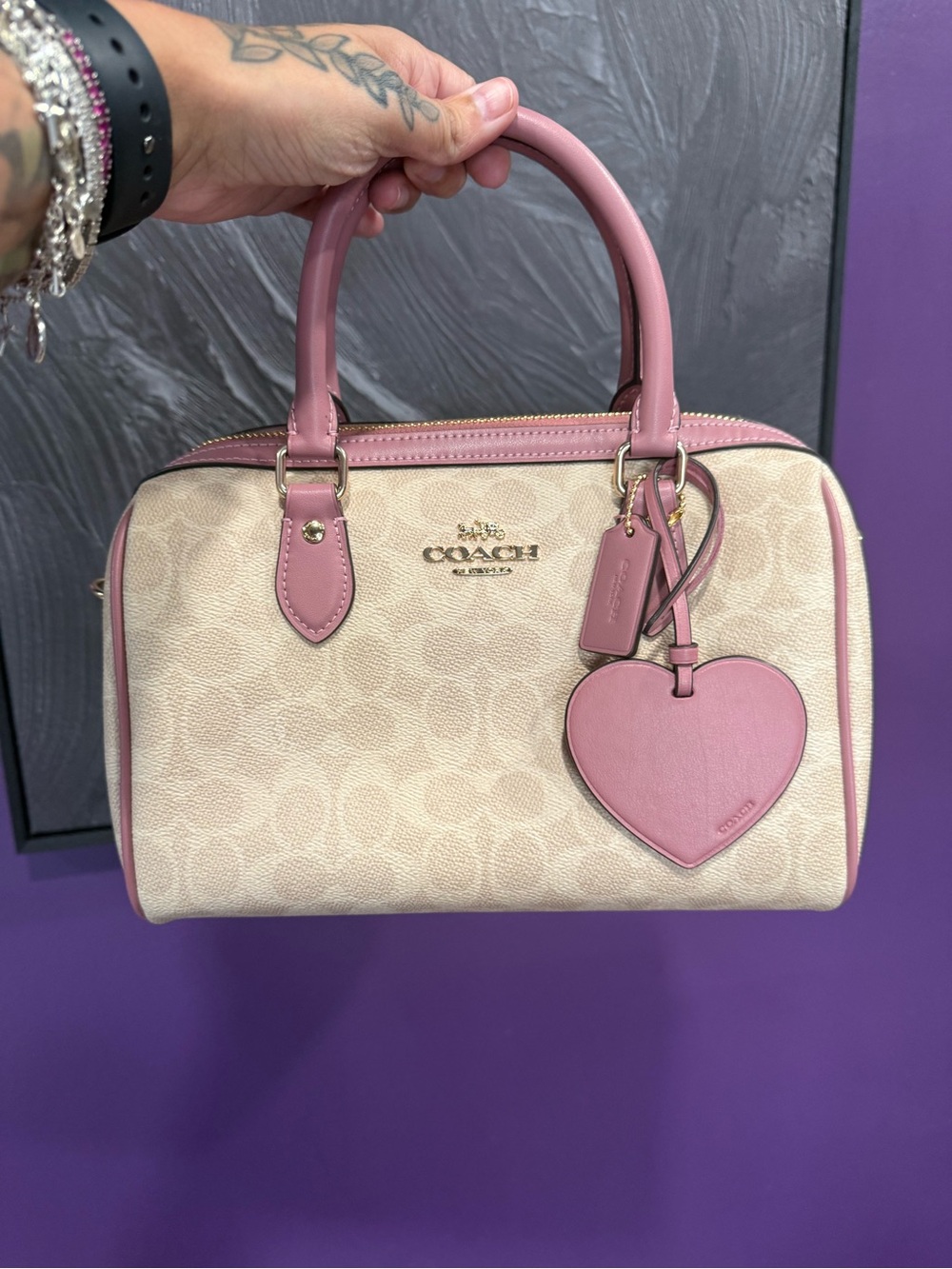 Coach Beige Signature Satchel with Pink Trim and Heart Charm